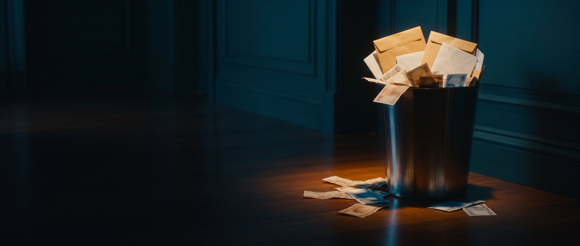 A dark metal wastebasket overflowing with sealed unopened envelopes, loose banknotes spilling over the rim onto the floor beside it