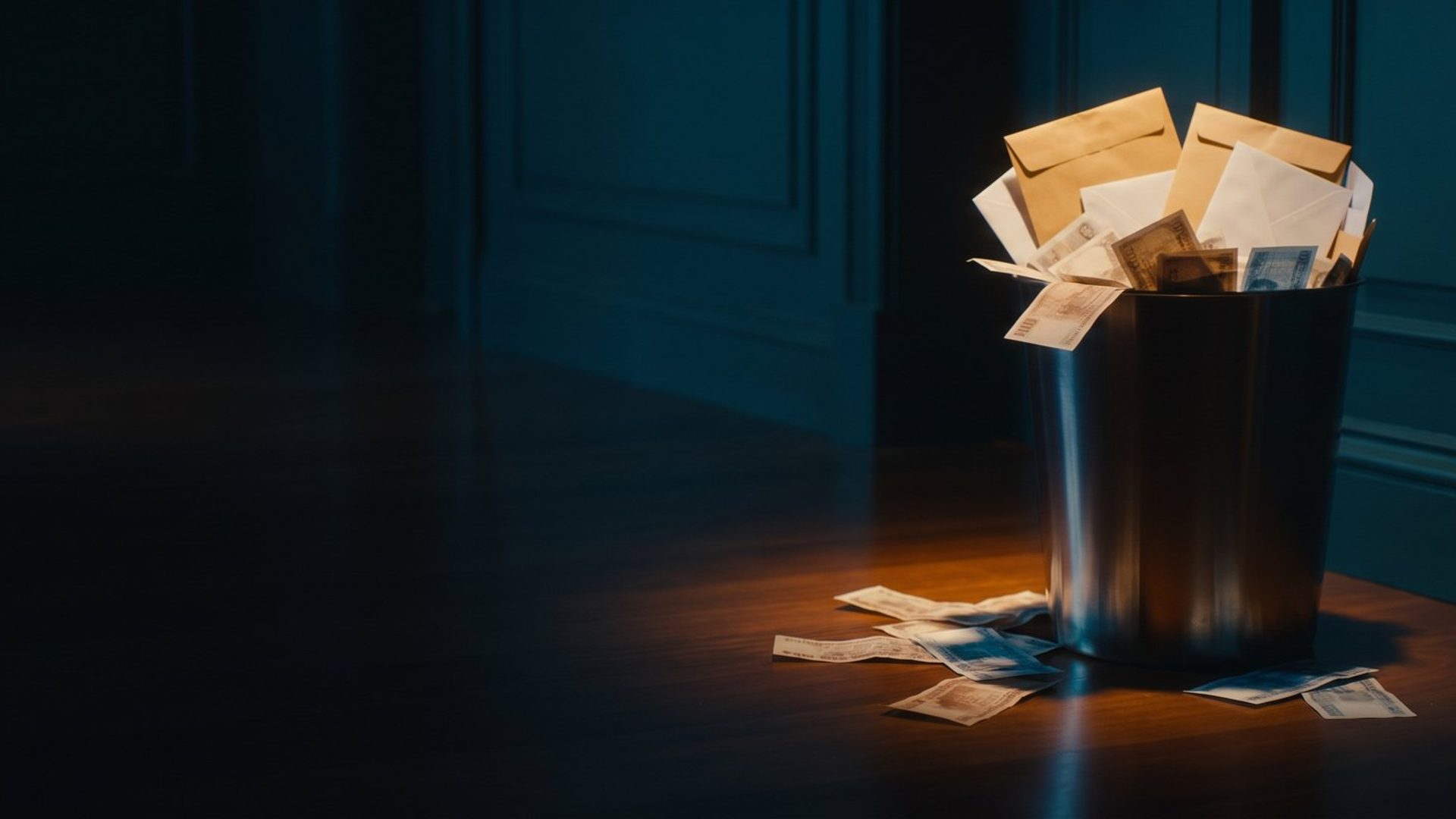 A dark metal wastebasket overflowing with sealed unopened envelopes, loose banknotes spilling over the rim onto the floor beside it