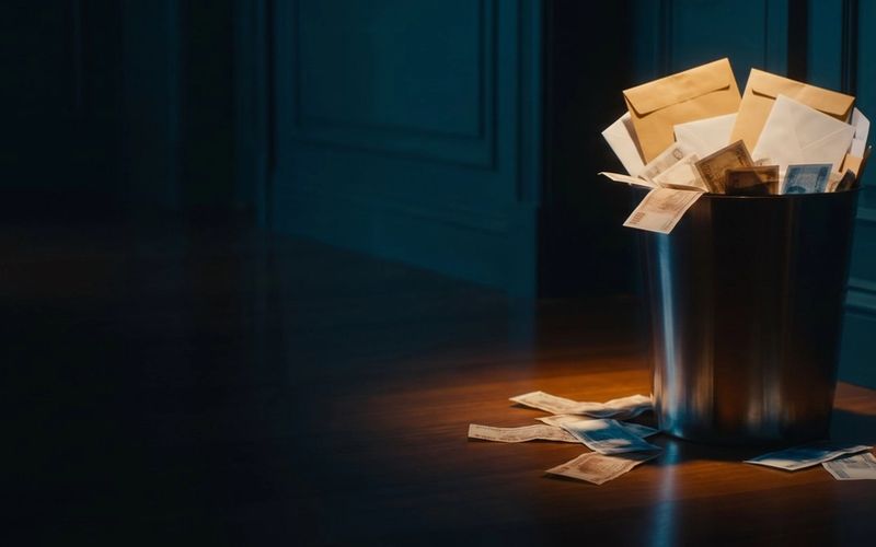 A dark metal wastebasket overflowing with sealed unopened envelopes, loose banknotes spilling over the rim onto the floor beside it