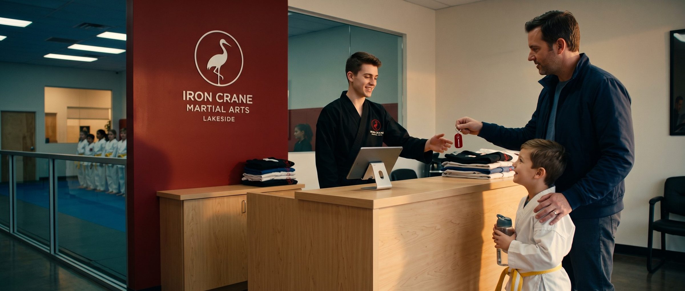 At a martial arts school's front desk, a dad holds out his member key tag to a smiling instructor while his young son in a white uniform and yellow belt waits beside him