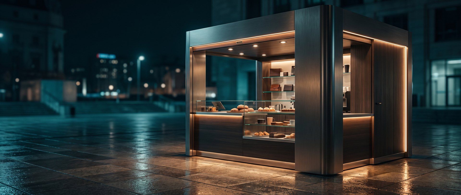 A small freestanding retail kiosk lit warmly from within, standing open for business in a dark wet plaza at night