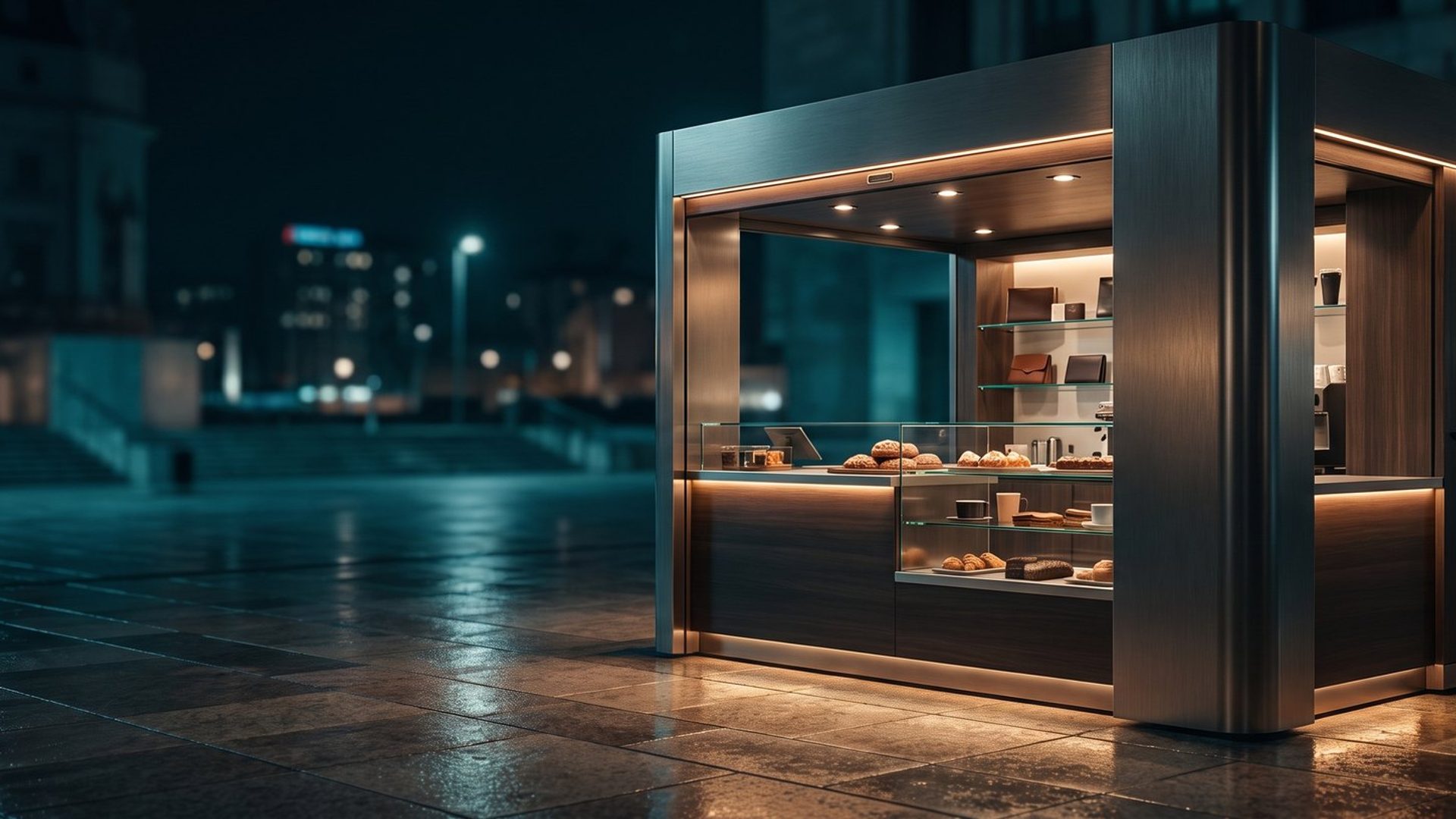 A small freestanding retail kiosk lit warmly from within, standing open for business in a dark wet plaza at night