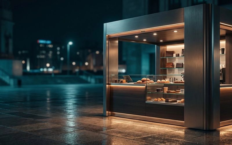 A small freestanding retail kiosk lit warmly from within, standing open for business in a dark wet plaza at night