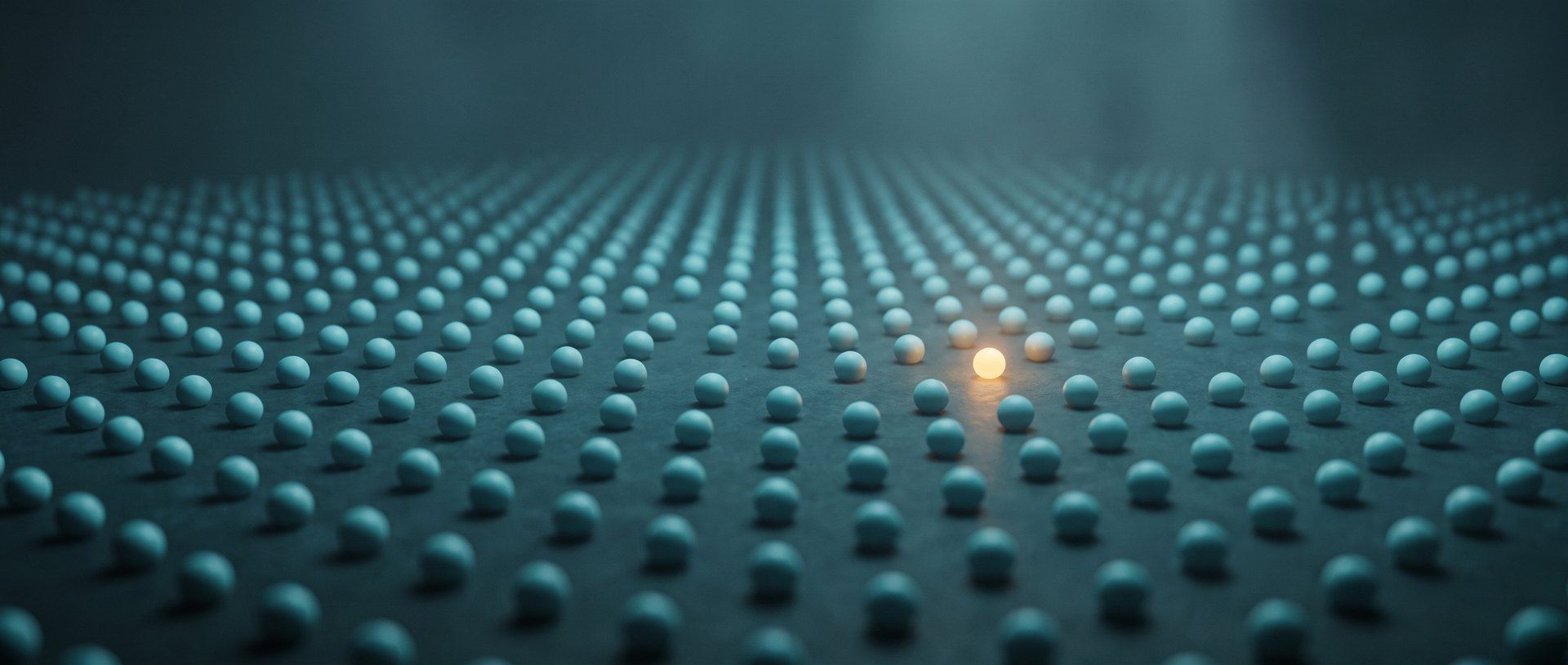 A vast field of cool teal spheres with a single one glowing warm amber