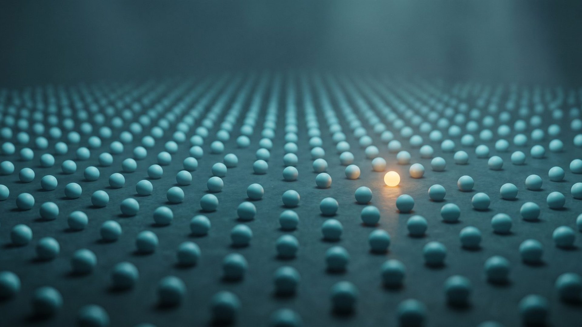 A vast field of cool teal spheres with a single one glowing warm amber