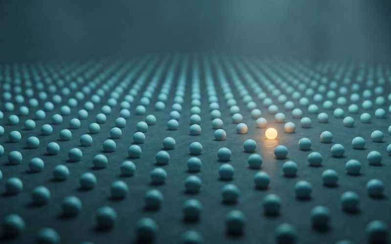 A vast field of cool teal spheres with a single one glowing warm amber