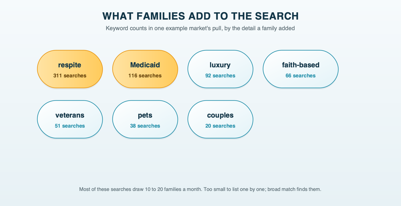 Chips for the details families add to senior living searches in one example market, each with its keyword count: couples 20, pets 38, veterans 51, faith-based 66, luxury 92, Medicaid 116, and respite 311