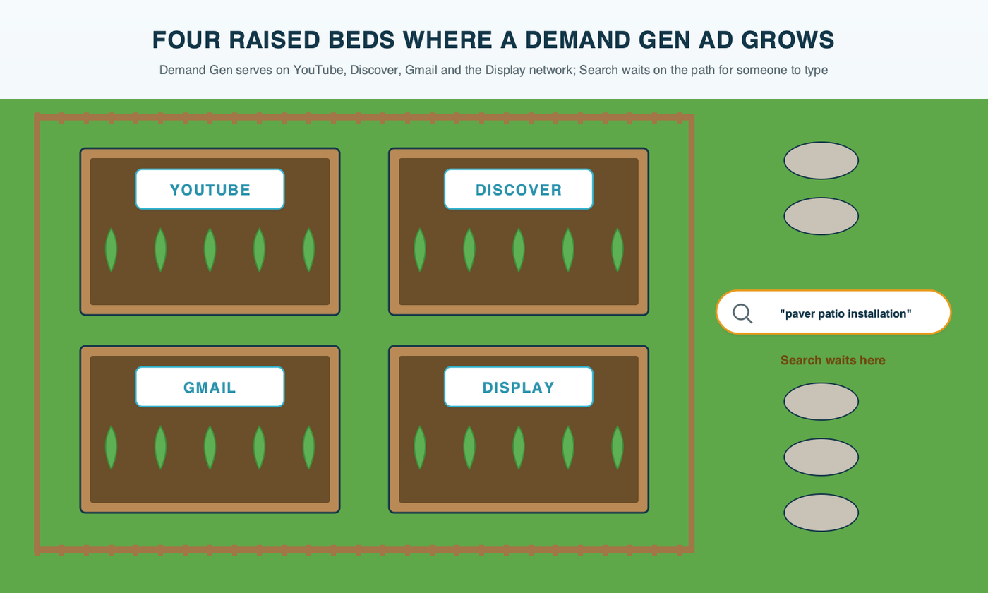 Four raised garden beds inside a fence, labeled YouTube, Discover, Gmail and Display, each growing a small ad; outside the fence, on the path, sits a search bar where Search ads wait for someone to type