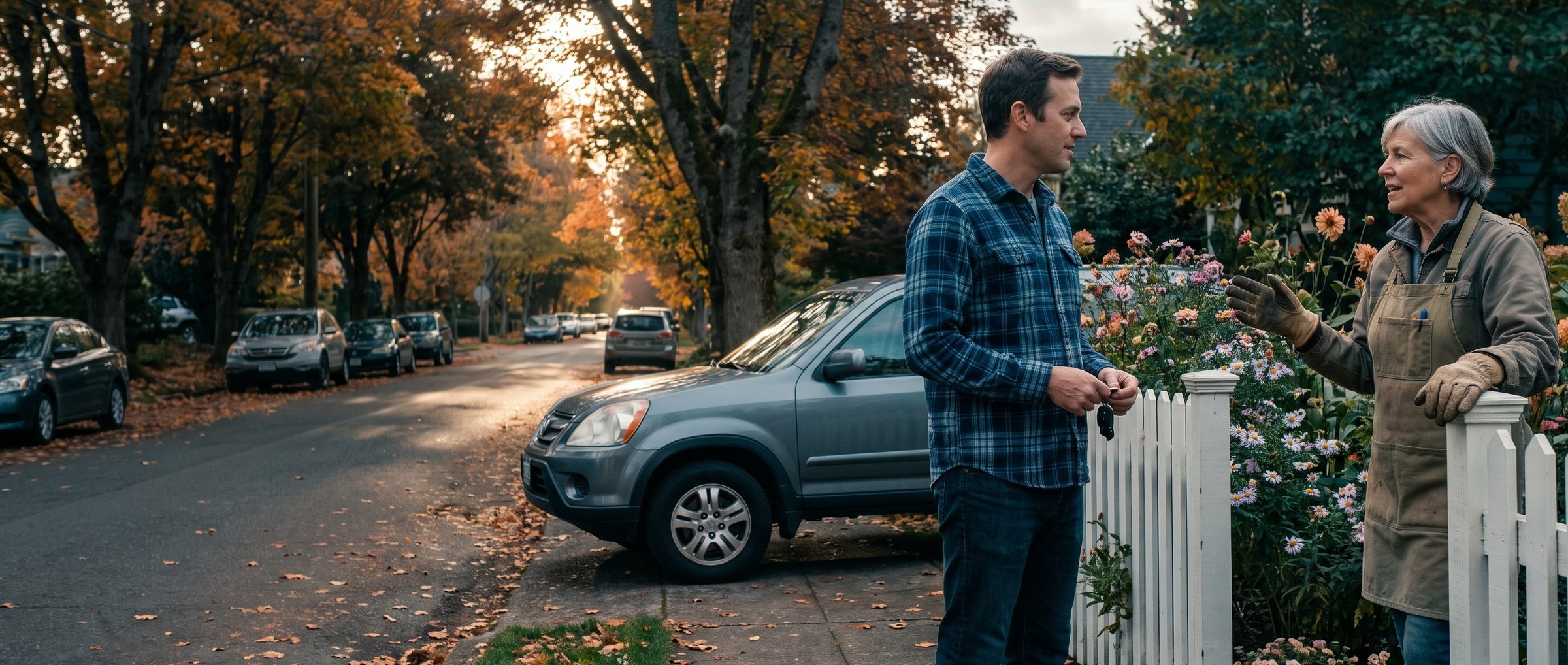 On a leafy street in fall, a man holding his car keys stands at a white picket fence while his gray-haired neighbor in a garden apron and gloves recommends a mechanic, his SUV parked at the curb behind him