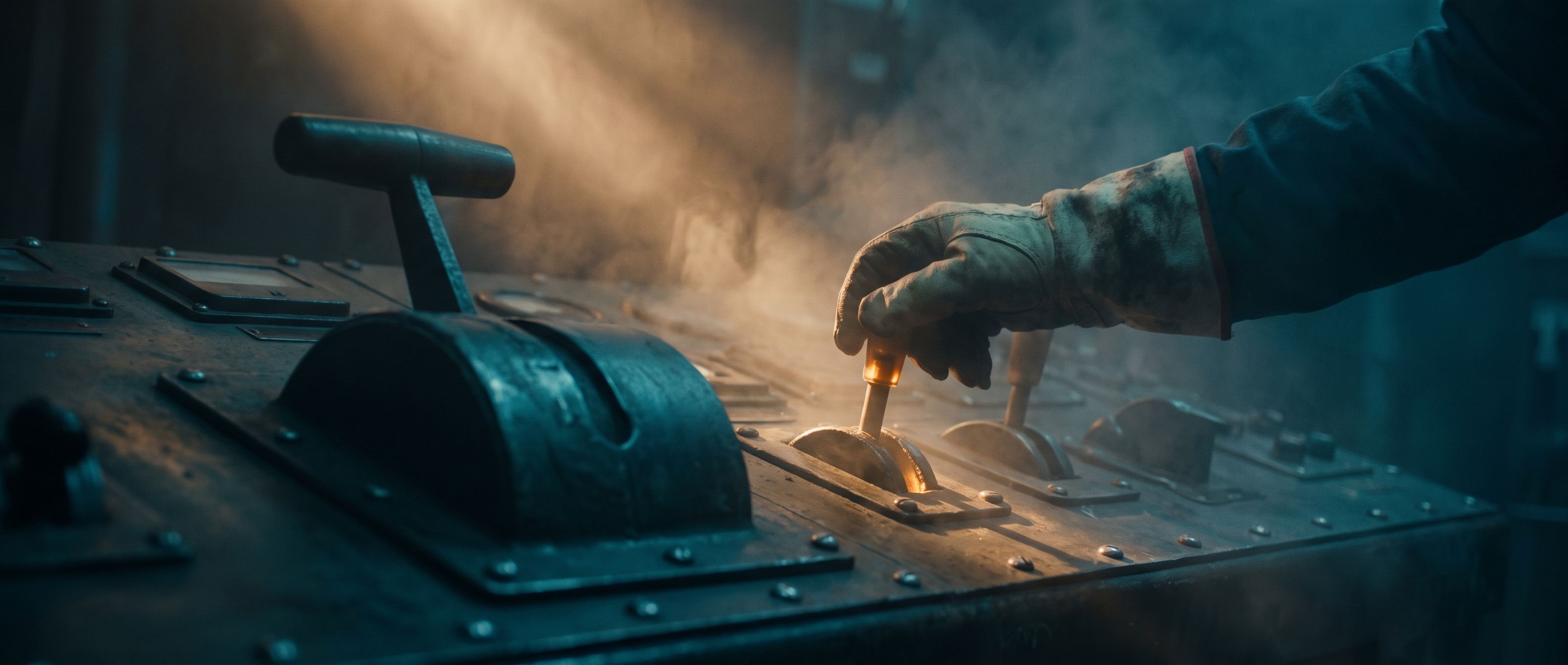 A bank of industrial levers on a dark control panel; a hand rests on one small lever glowing faint amber while a larger, more important lever sits unlit in deep teal shadow beside it - pulling the small lever while ignoring the big one.