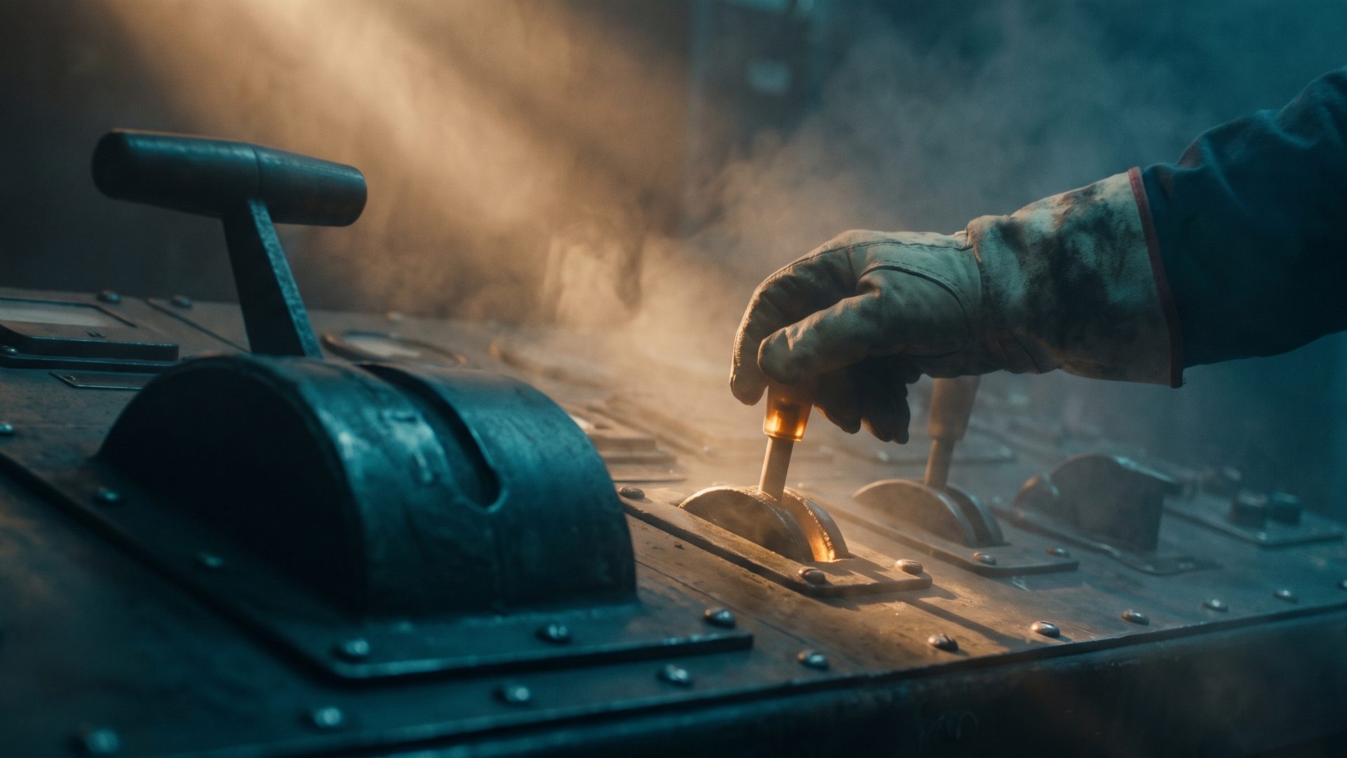 A bank of industrial levers on a dark control panel; a hand rests on one small lever glowing faint amber while a larger, more important lever sits unlit in deep teal shadow beside it - pulling the small lever while ignoring the big one.