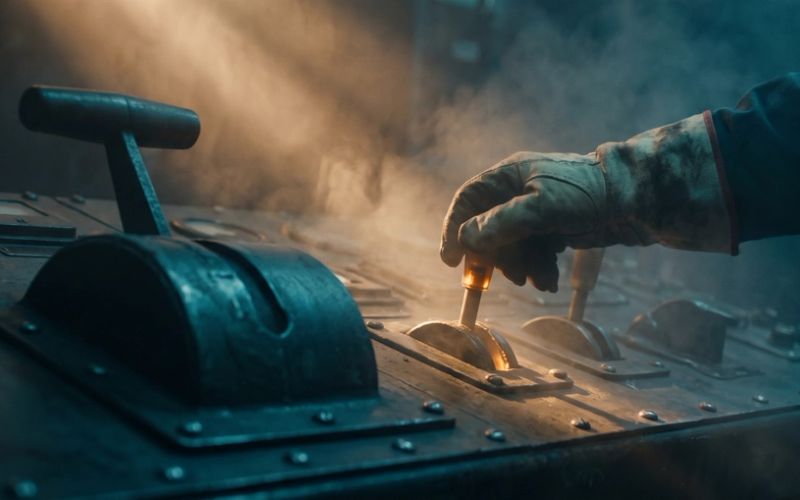 A bank of industrial levers on a dark control panel; a hand rests on one small lever glowing faint amber while a larger, more important lever sits unlit in deep teal shadow beside it - pulling the small lever while ignoring the big one.