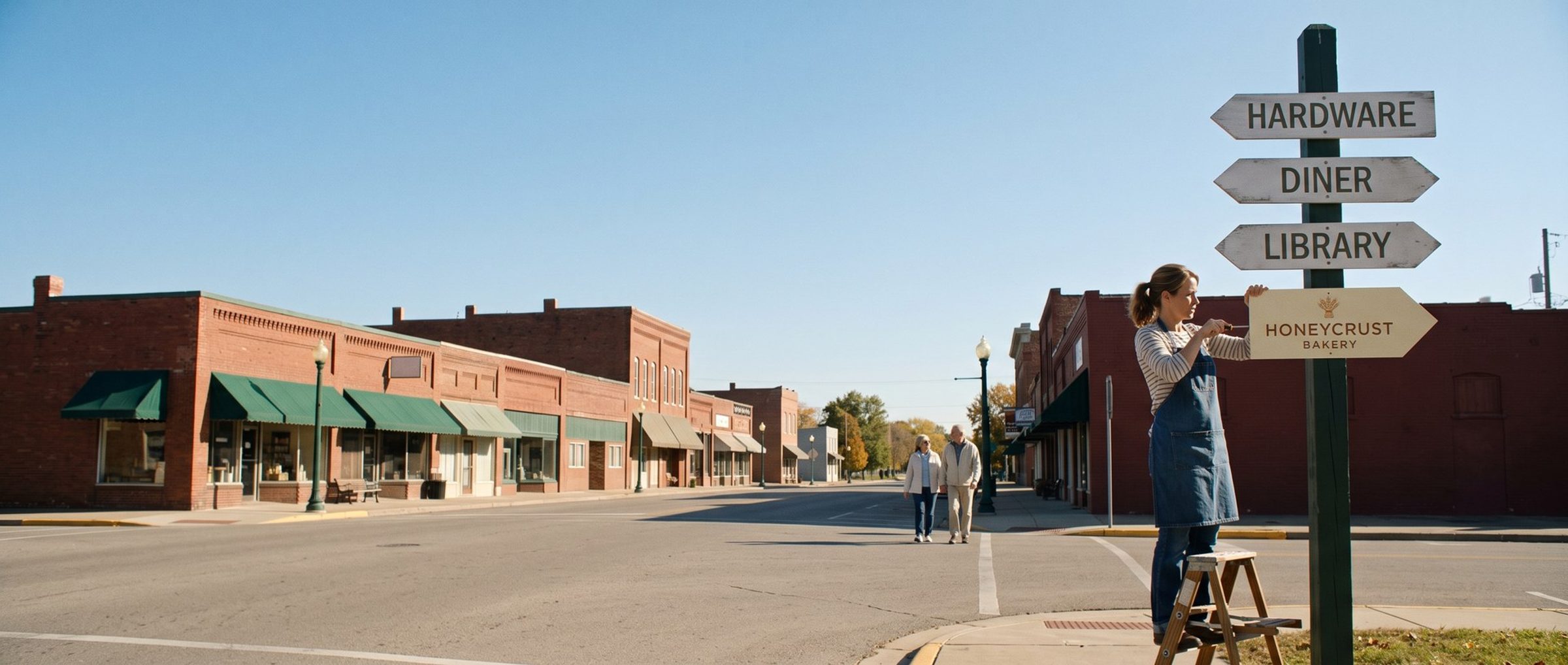 On a sunny small-town main street, a bakery owner on a step stool screws a new Honeycrust Bakery arrow onto the town signpost below arrows for the hardware store, diner and library