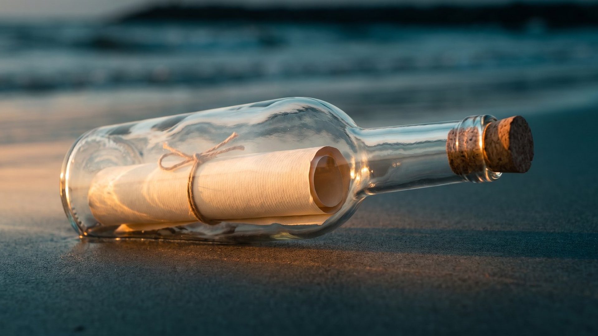 A corked glass bottle on a shoreline at dawn with a rolled paper note still sealed inside, unread