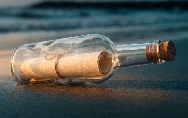 A corked glass bottle on a shoreline at dawn with a rolled paper note still sealed inside, unread