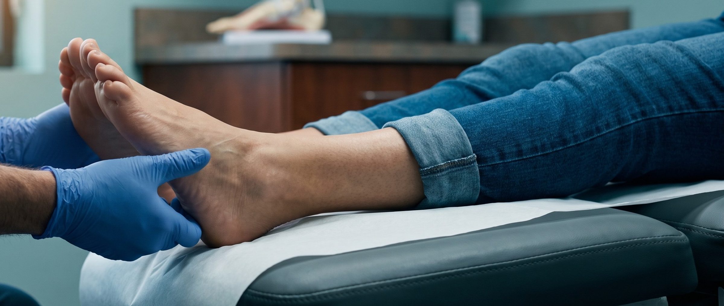 A podiatrist's gloved hands examining a patient's bare heel on a paper-covered exam chair, the patient's jeans rolled at the ankle