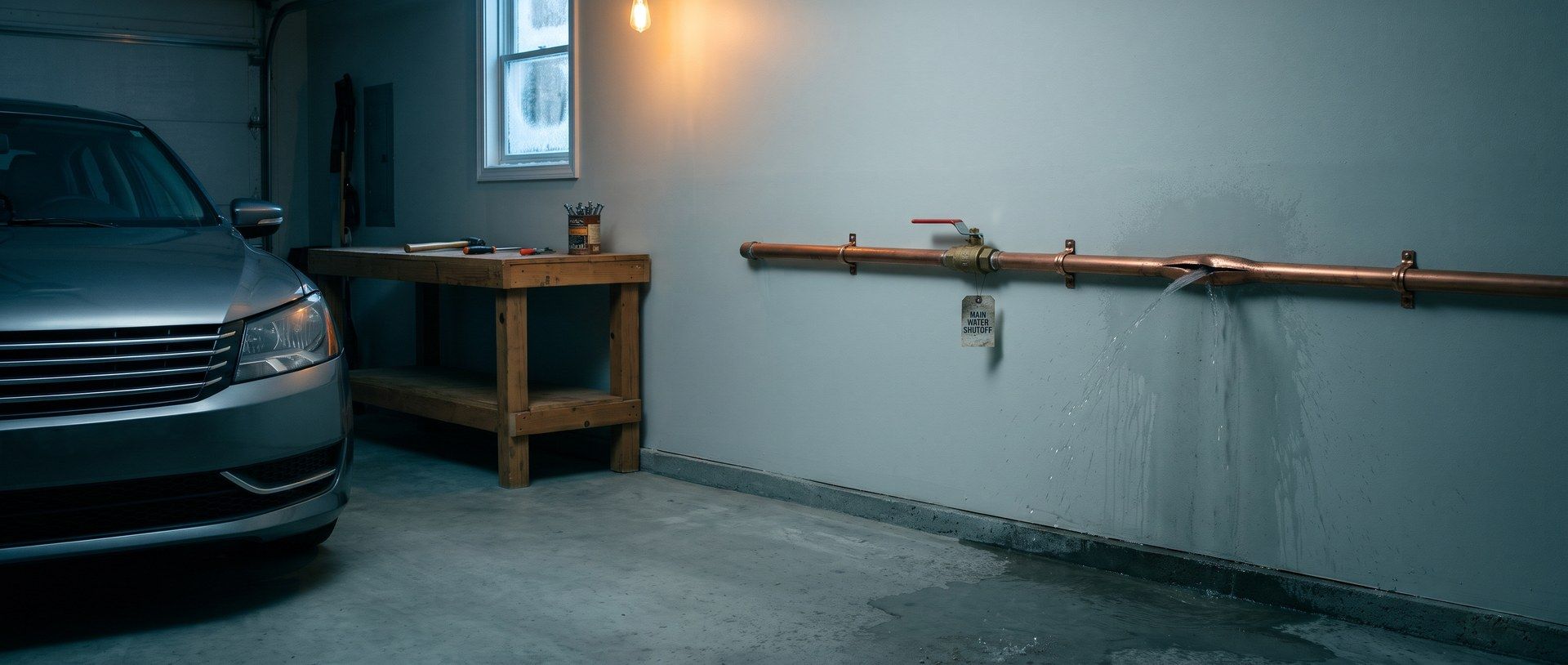 In a home garage on a winter morning, a copper water line on the wall has split and sprays water onto the drywall and the concrete floor, just past a red-handled valve tagged main water shutoff