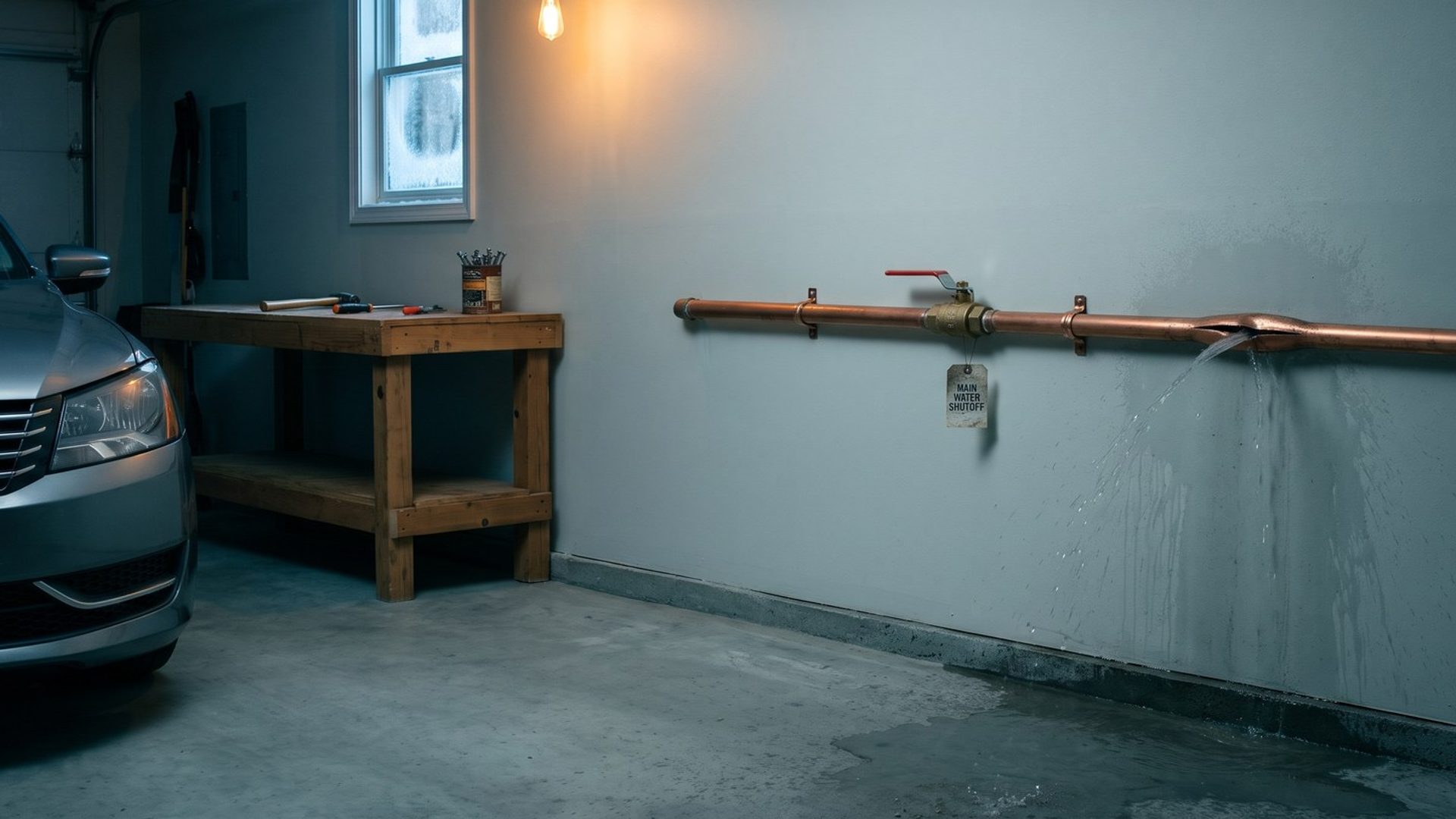 In a home garage on a winter morning, a copper water line on the wall has split and sprays water onto the drywall and the concrete floor, just past a red-handled valve tagged main water shutoff