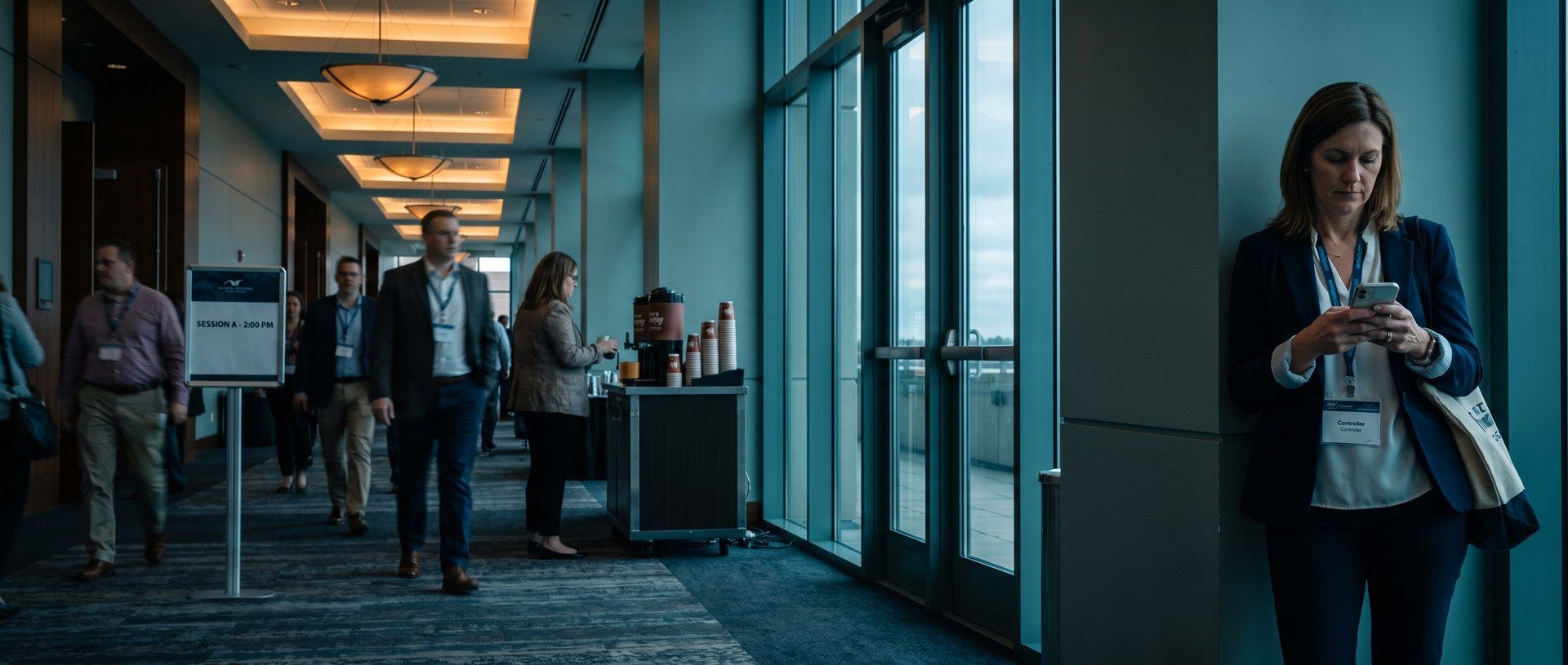 A woman in a navy blazer with a conference badge reading Controller leans against a pillar and checks her phone as attendees walk down a conference center hallway between sessions