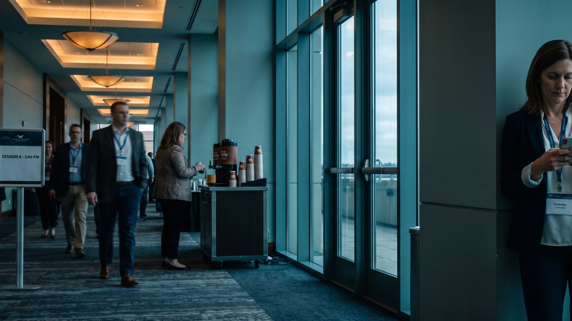 A woman in a navy blazer with a conference badge reading Controller leans against a pillar and checks her phone as attendees walk down a conference center hallway between sessions