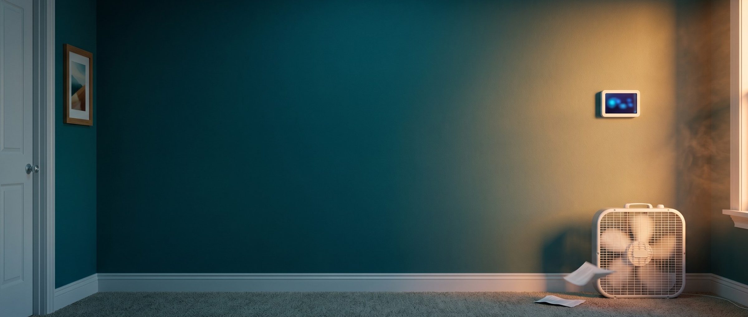 A small digital thermostat glows on a long upstairs hallway wall in hot late-afternoon light, with a white box fan running on the carpet below it