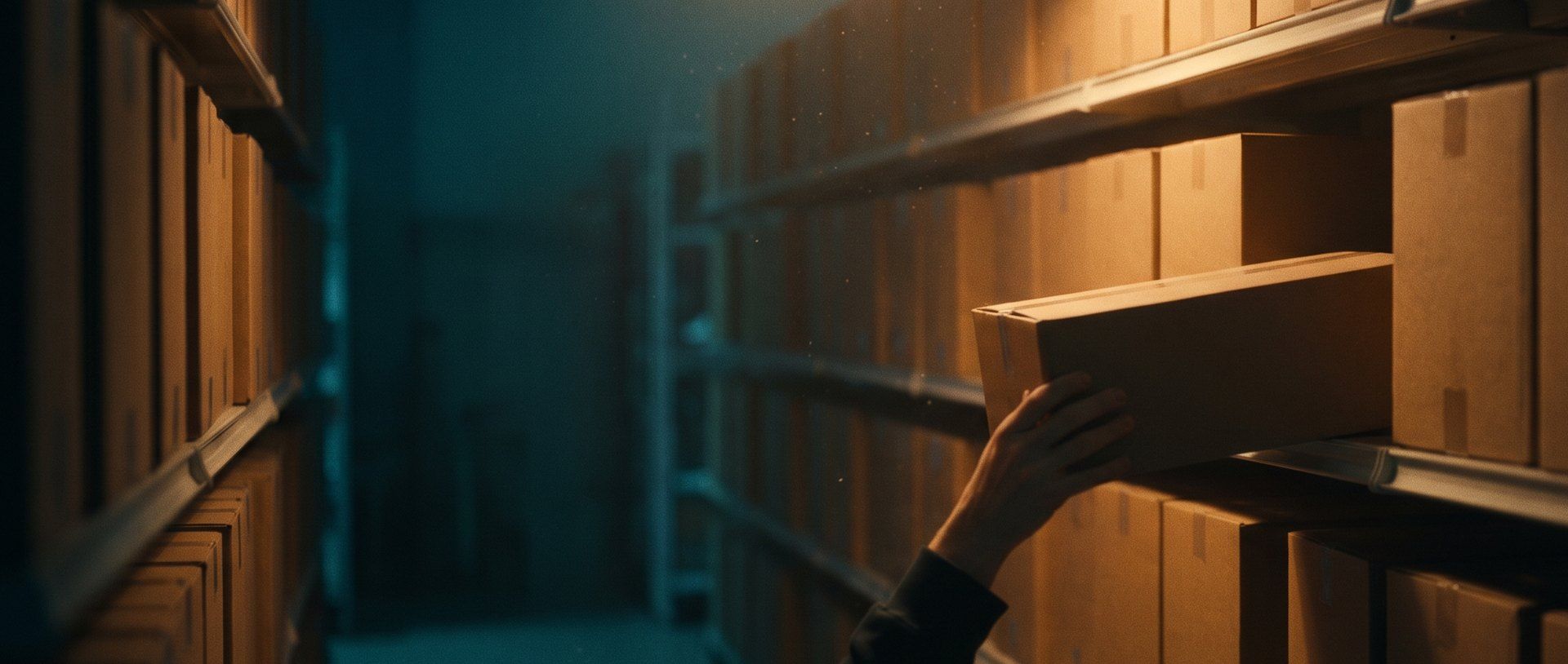 A hand placing a plain cardboard box back into a gap on a dim warehouse shelf, lit warm amber against a deep teal aisle