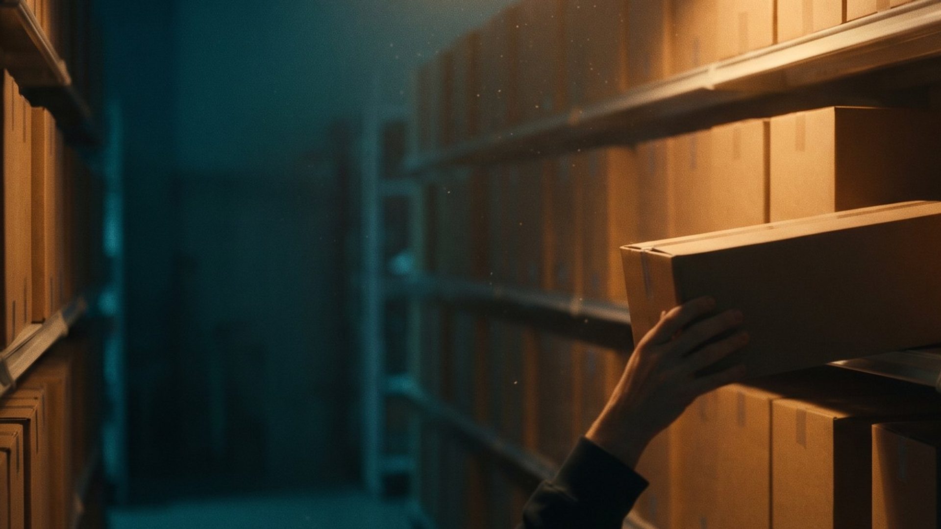 A hand placing a plain cardboard box back into a gap on a dim warehouse shelf, lit warm amber against a deep teal aisle