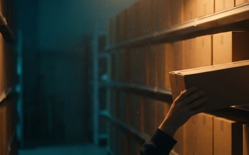 A hand placing a plain cardboard box back into a gap on a dim warehouse shelf, lit warm amber against a deep teal aisle