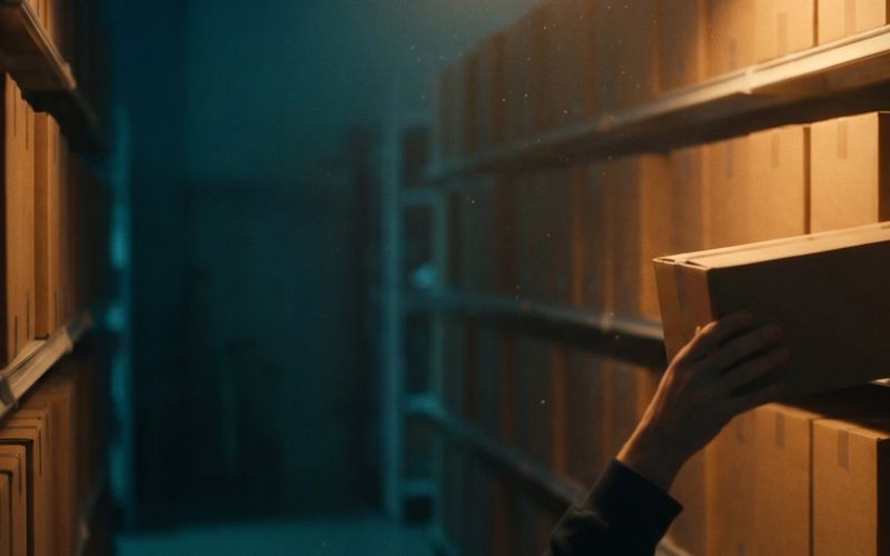 A hand placing a plain cardboard box back into a gap on a dim warehouse shelf, lit warm amber against a deep teal aisle