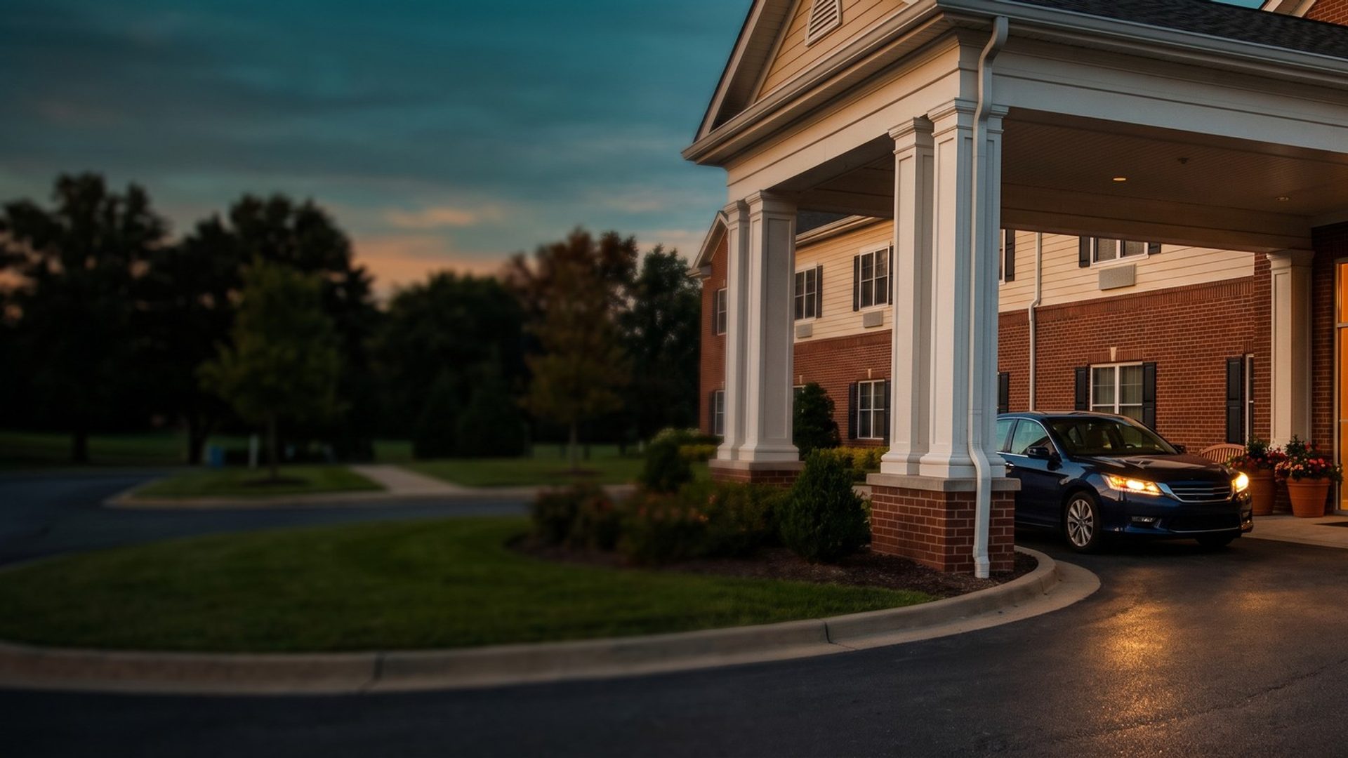 A family sedan pulled under the white-columned covered entrance of a brick senior living community at golden hour, headlights on, the lobby glowing warm through glass doors beside flower planters and a wooden bench