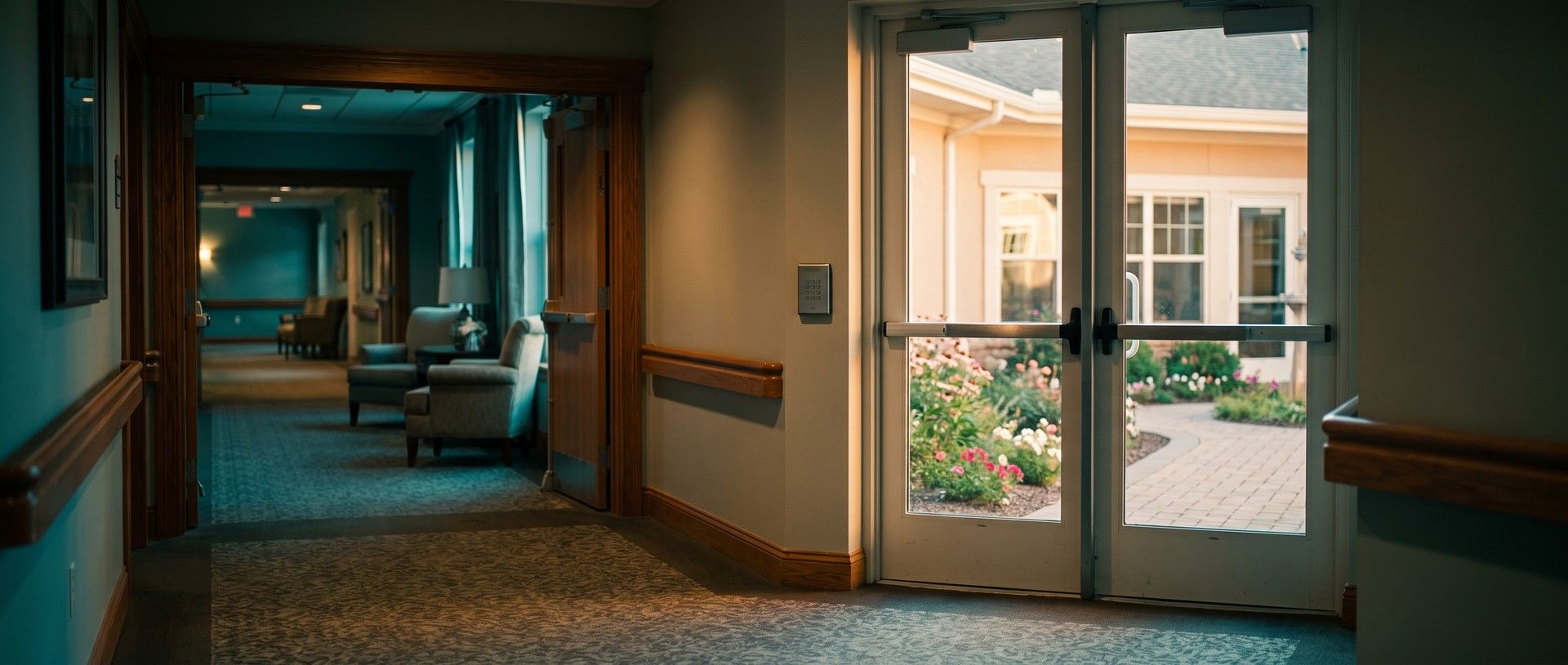 A senior living hallway at dusk: on the left an open archway leads to an assisted living lounge with armchairs, and on the right secured glass double doors with a keypad open onto the memory care wing's garden courtyard