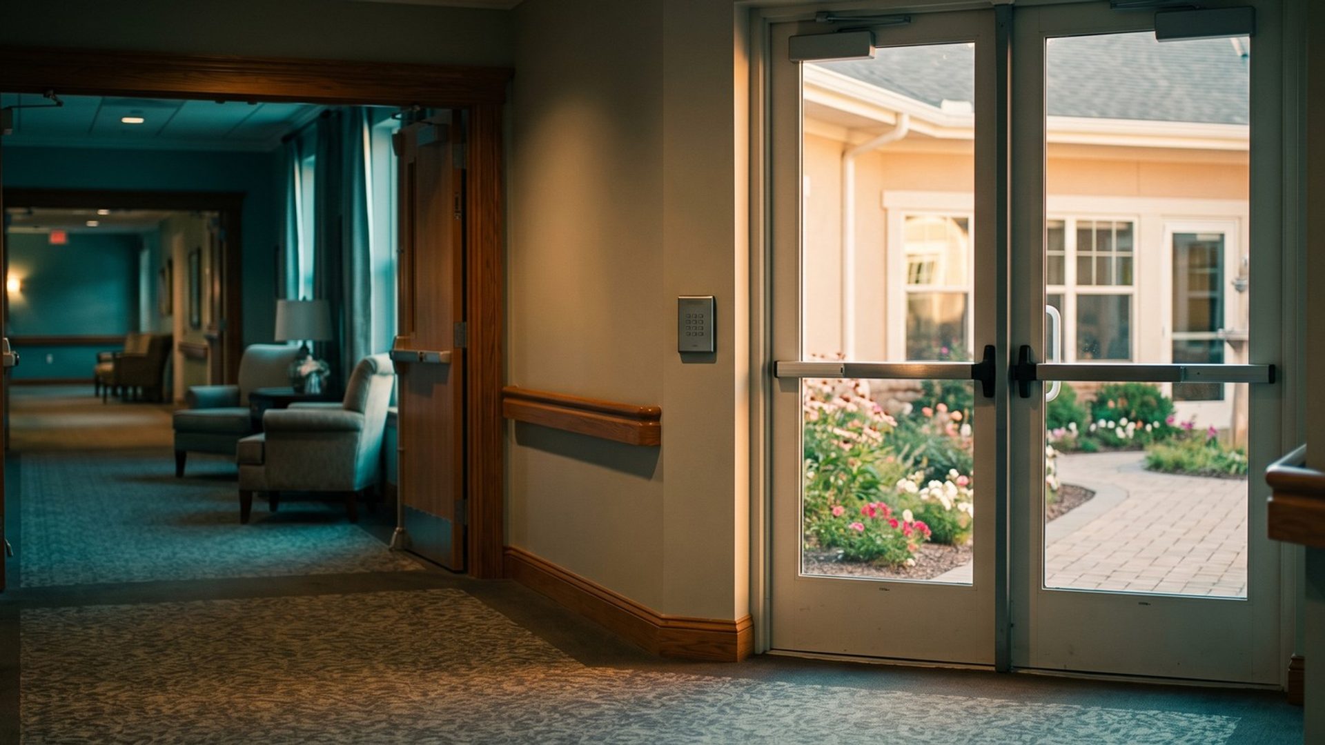 A senior living hallway at dusk: on the left an open archway leads to an assisted living lounge with armchairs, and on the right secured glass double doors with a keypad open onto the memory care wing's garden courtyard