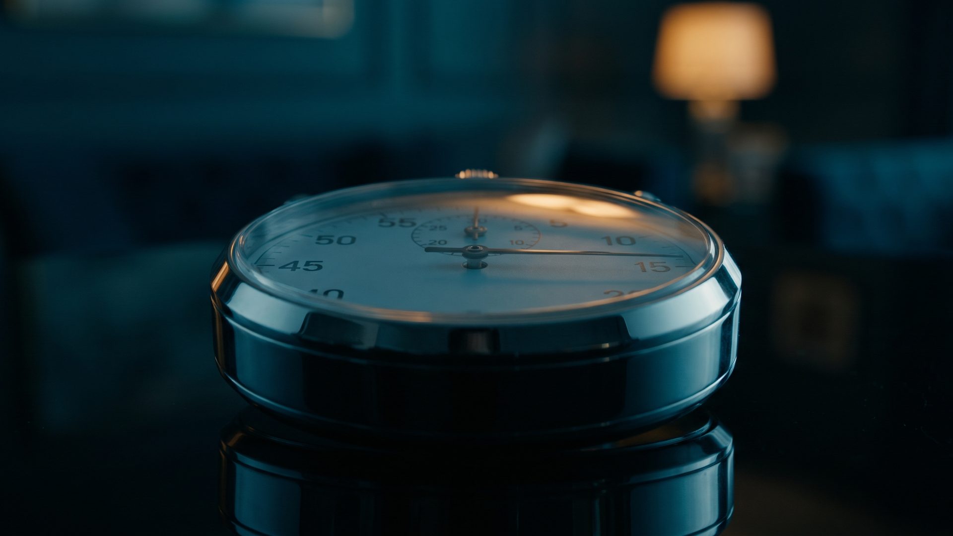 A polished chrome stopwatch on a dark reflective surface, its second hand frozen just past the three-second mark.