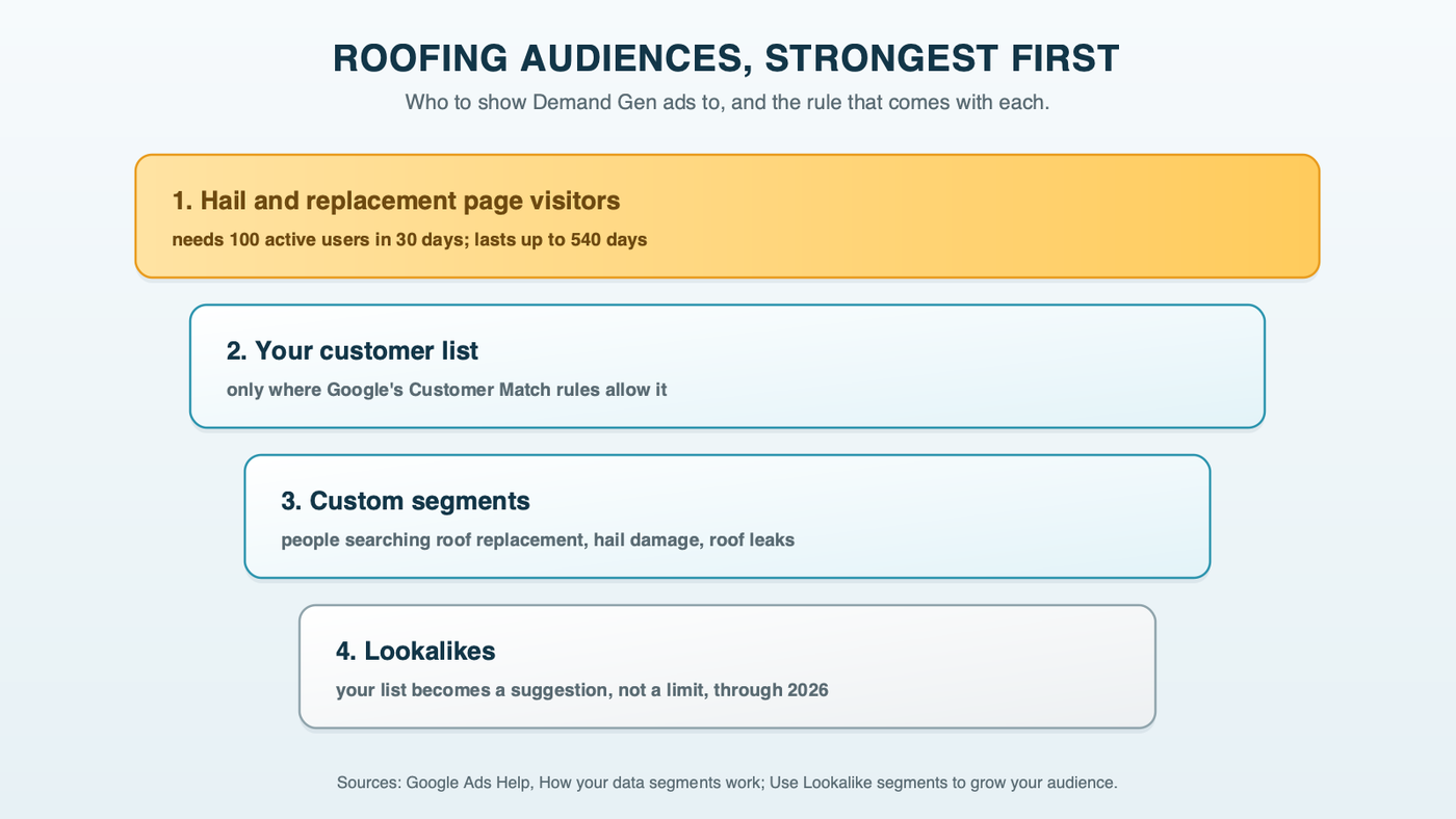 Roofing audiences for Demand Gen in order of strength: visitors to the hail and replacement pages, which need 100 active users in 30 days; your customer list, where Customer Match rules allow; custom segments built from roofing searches; and lookalikes, which become a suggestion in 2026