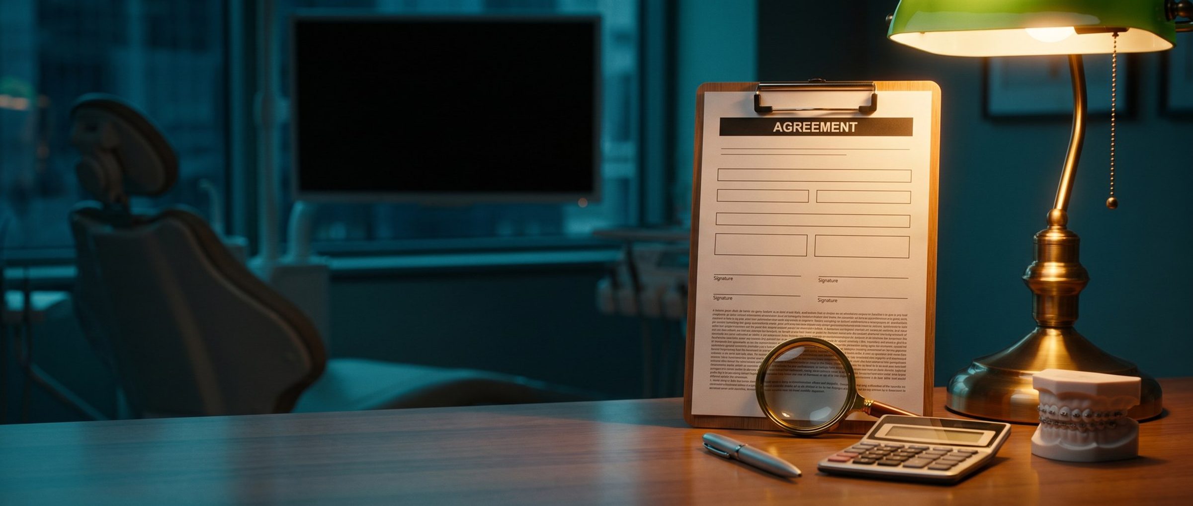 A brass magnifying glass resting on the fine print of a payment agreement on a clipboard, beside a pen, a calculator and a dental model with braces, under a desk lamp in an orthodontic consult room