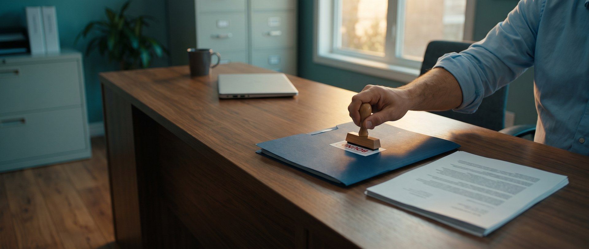 An agent's hand presses a wooden rubber stamp onto a navy policy folder at an insurance agency desk, the label stamped BOUND in red, a stack of unstamped quote printouts beside it in late-afternoon window light