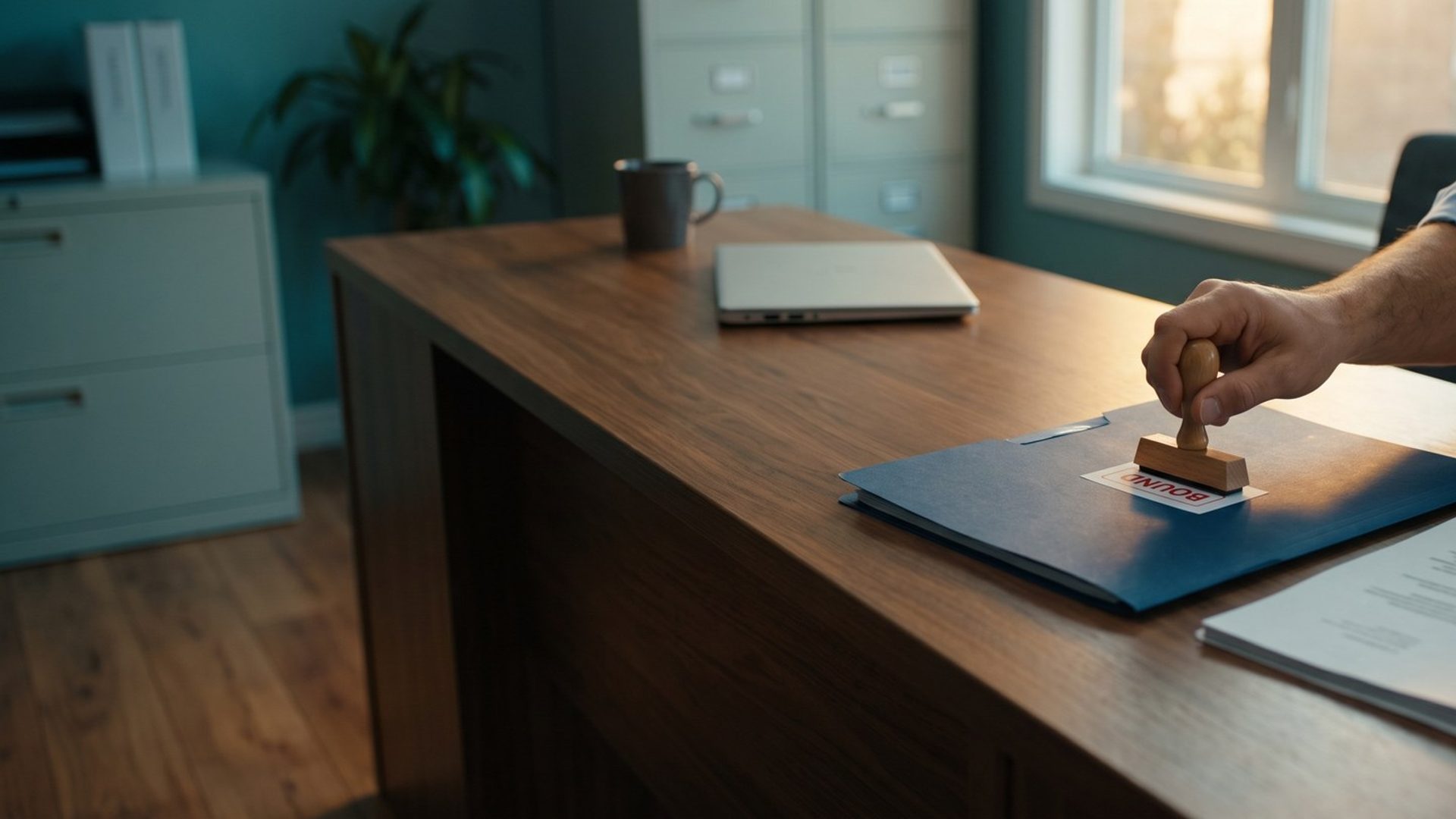 An agent's hand presses a wooden rubber stamp onto a navy policy folder at an insurance agency desk, the label stamped BOUND in red, a stack of unstamped quote printouts beside it in late-afternoon window light