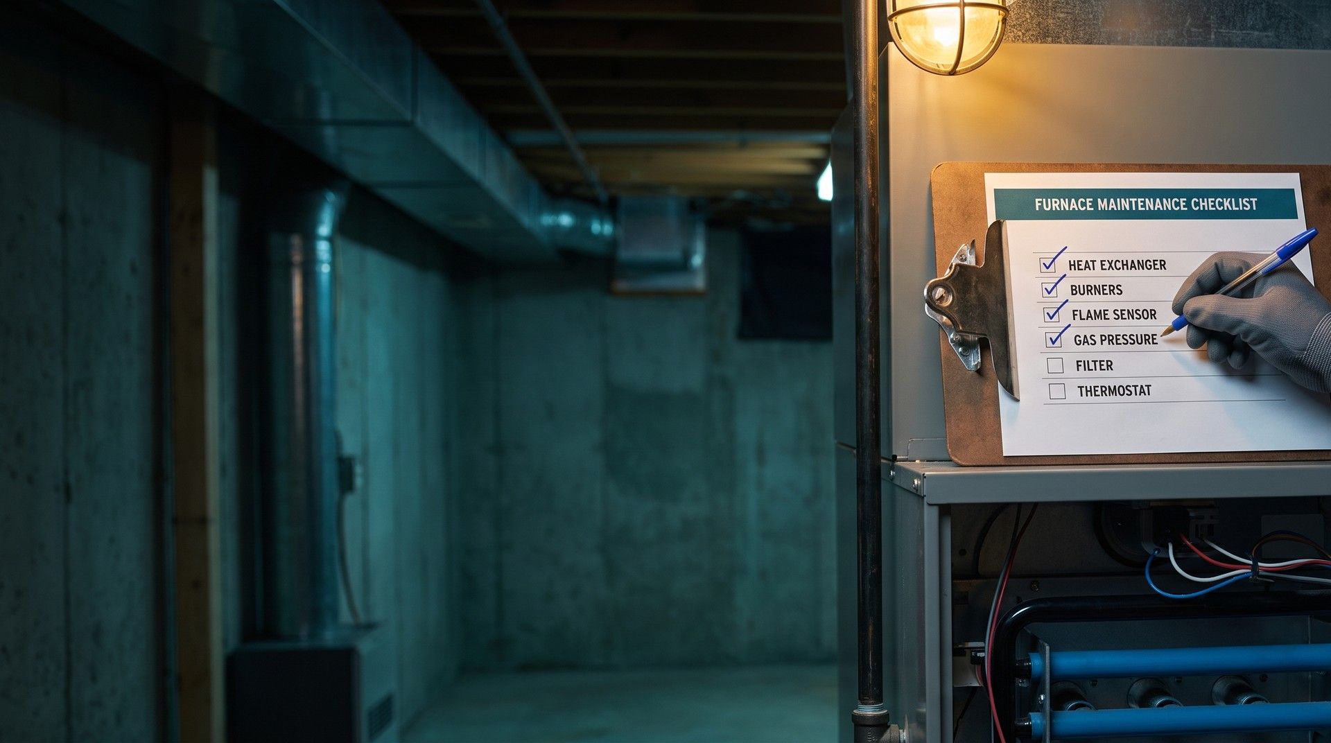 A technician's gloved hand ticking gas pressure on a printed furnace maintenance checklist clipped to a clipboard resting on an open furnace in a dark basement, under a caged work light