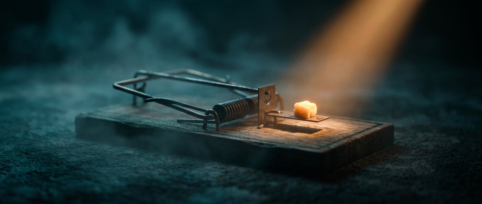 A wooden mousetrap set in deep teal shadow with a single piece of bait glowing warm amber on the trigger - the manipulation of fake urgency, a trap that catches your most careful buyers.