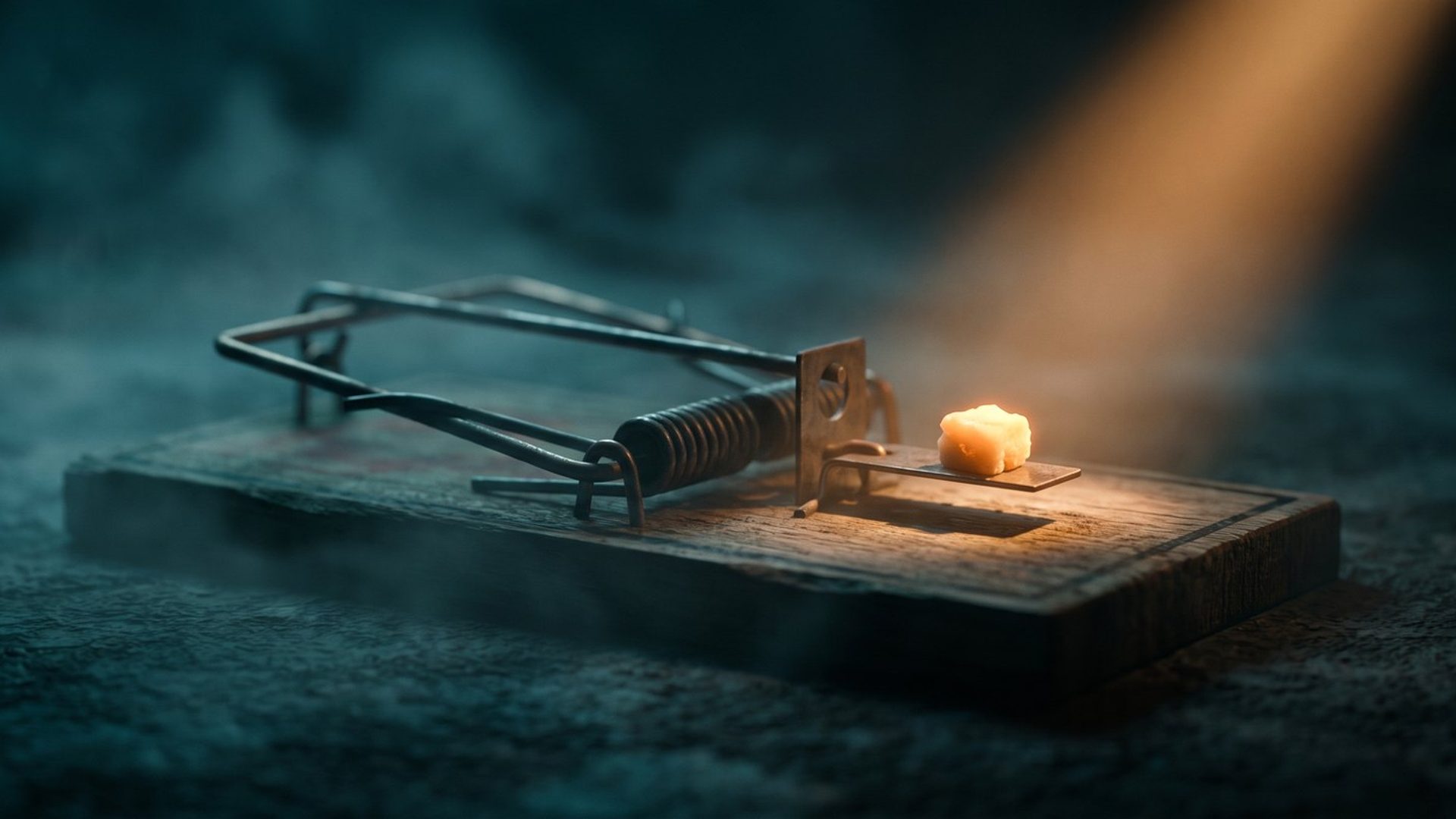 A wooden mousetrap set in deep teal shadow with a single piece of bait glowing warm amber on the trigger - the manipulation of fake urgency, a trap that catches your most careful buyers.