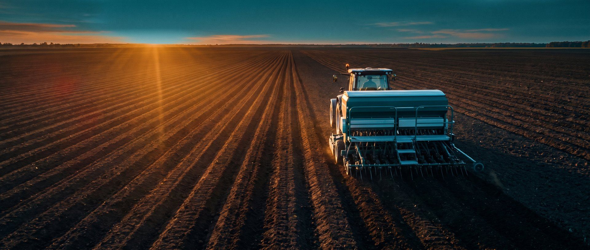 A seed drill sowing precise rows across bare ground at sunrise, nothing grown yet