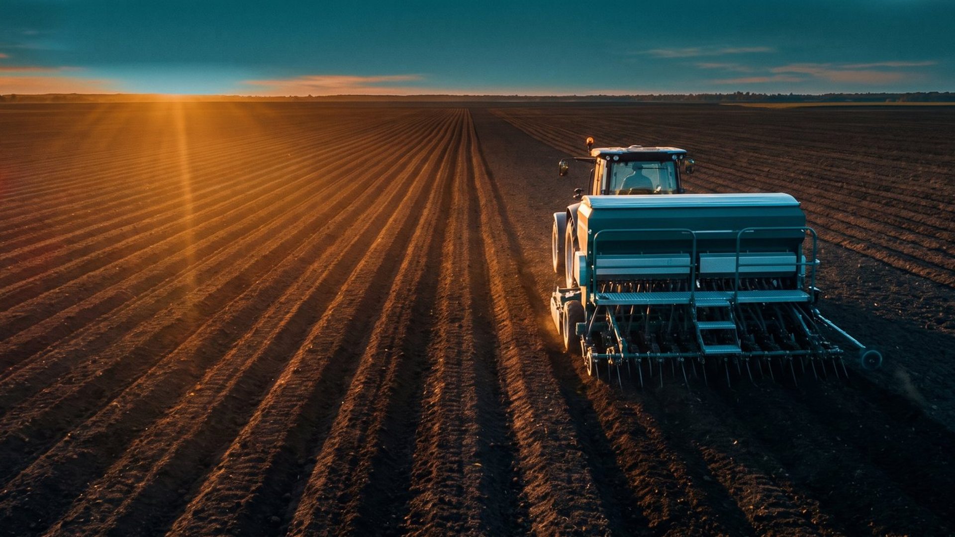 A seed drill sowing precise rows across bare ground at sunrise, nothing grown yet