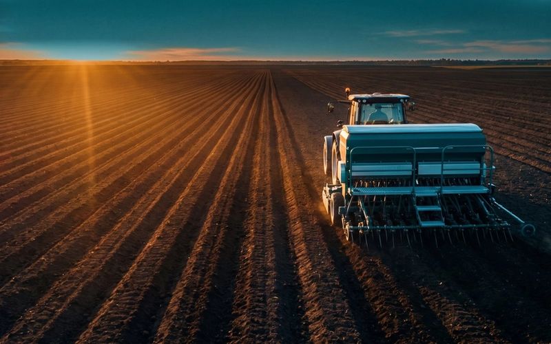 A seed drill sowing precise rows across bare ground at sunrise, nothing grown yet