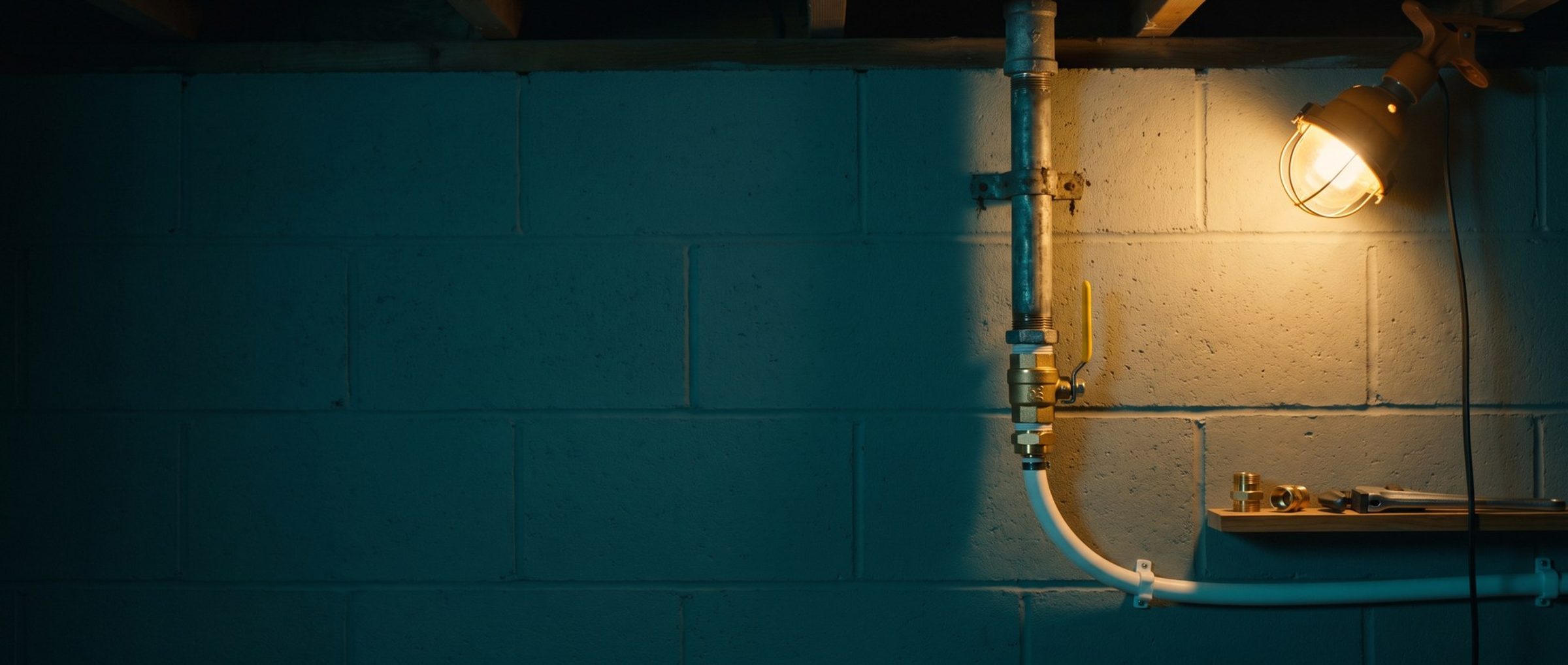 A basement block wall at night under a clamp work light, where an old gray galvanized water pipe runs down into a brass ball valve and a brass transition fitting and continues as new white PEX tubing along the wall