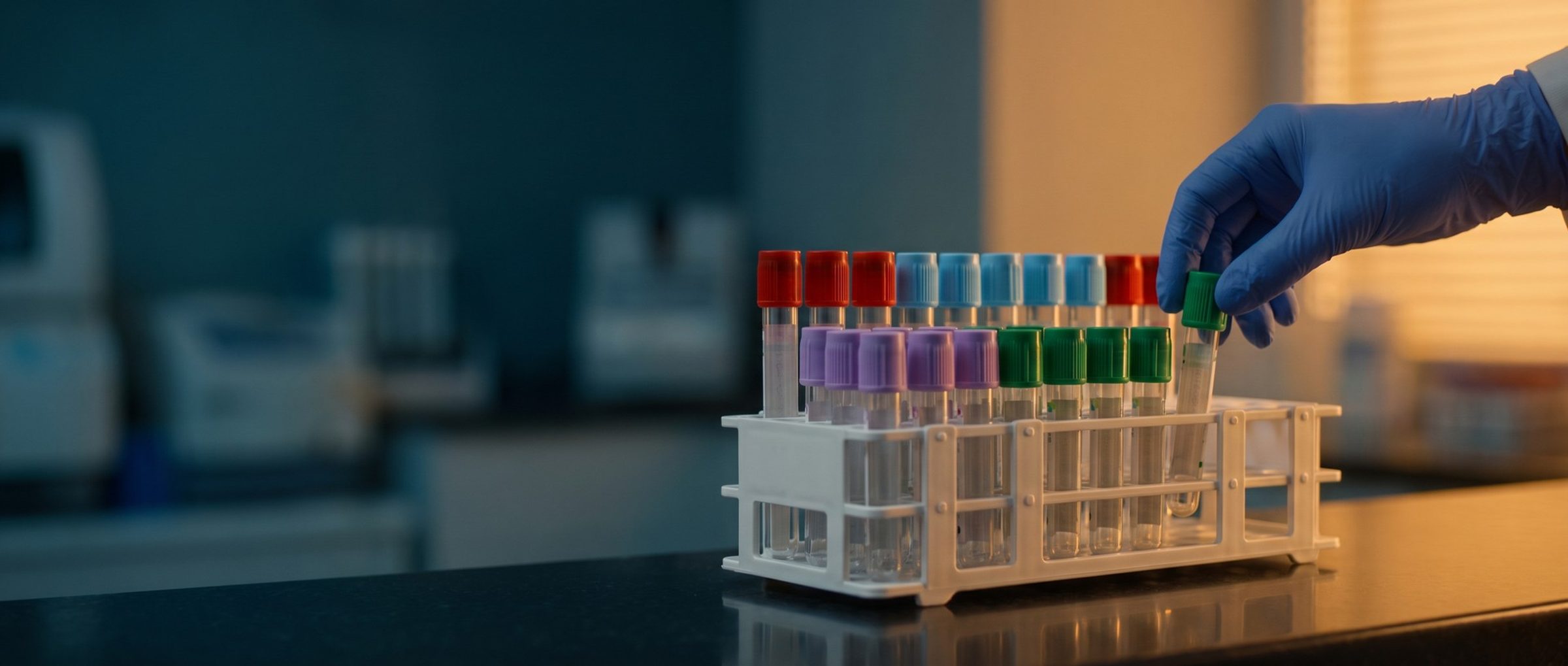 A gloved hand sets a green-capped blood tube into its row in a lab rack where tubes stand sorted by cap color, purple, green, blue and red, under warm light in a dim medical lab