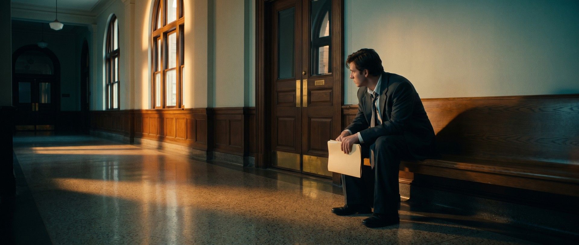 Early morning in an old courthouse corridor: a young man in a slightly oversized dark suit sits forward on a wooden bench beside closed courtroom doors, holding a manila folder, as sunlight from tall windows stripes the terrazzo floor
