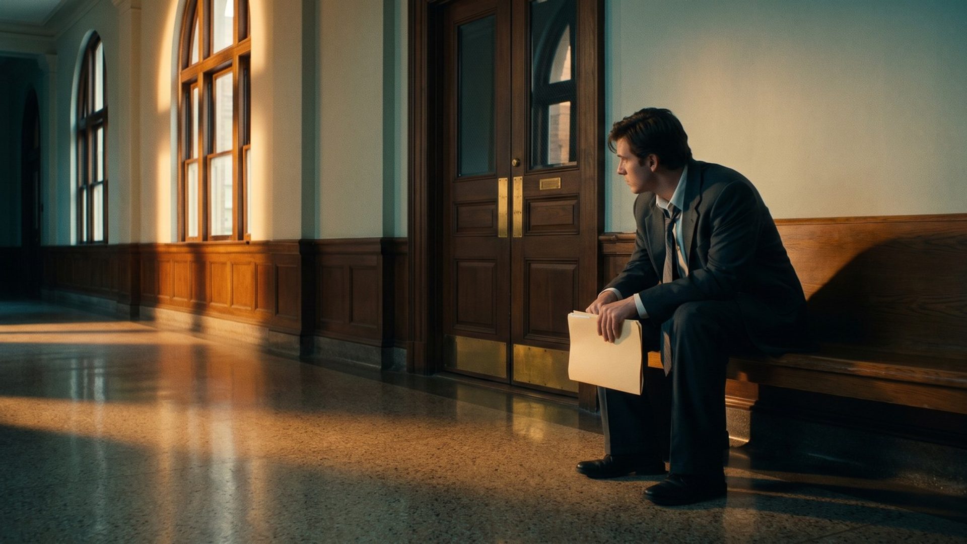 Early morning in an old courthouse corridor: a young man in a slightly oversized dark suit sits forward on a wooden bench beside closed courtroom doors, holding a manila folder, as sunlight from tall windows stripes the terrazzo floor