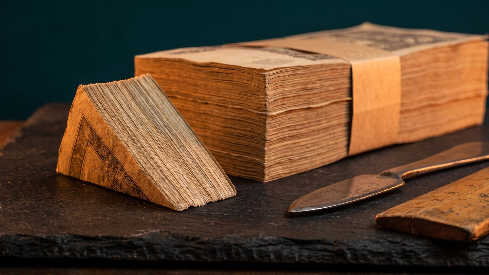 A banded stack of banknotes with a wedge cut cleanly out of it, beside a blade and a rule