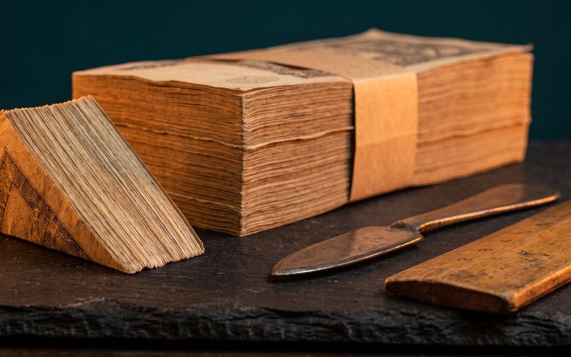 A banded stack of banknotes with a wedge cut cleanly out of it, beside a blade and a rule