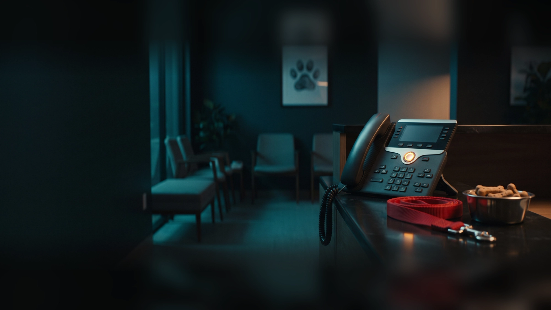 A desk phone ringing on an empty veterinary clinic reception counter at night, one line button glowing amber beside a red dog leash and a bowl of treats